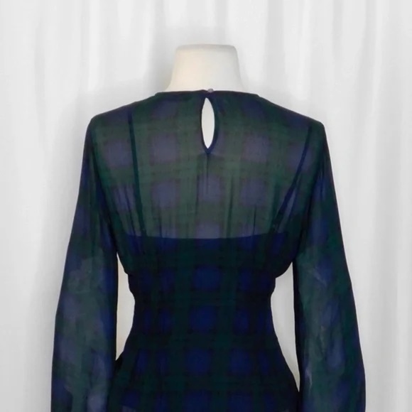 NEW!! J. CREW Chiffon Shirred-Waist Top Black Watch Tartan Plaid Copper Green 2 - Picture 10 of 14